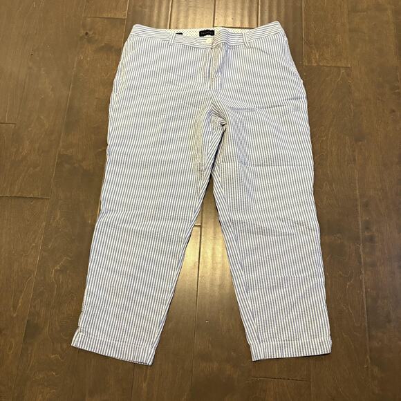 Talbots Pants Womens 12 Blue White Perfect Crop Seersucker Striped Ankle Capri - Picture 1 of 14
